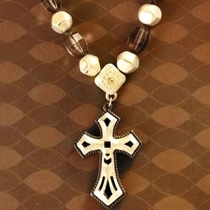 ML03 Vintage Women's Accessories Cross Necklace Silver Brown Heavy Weight